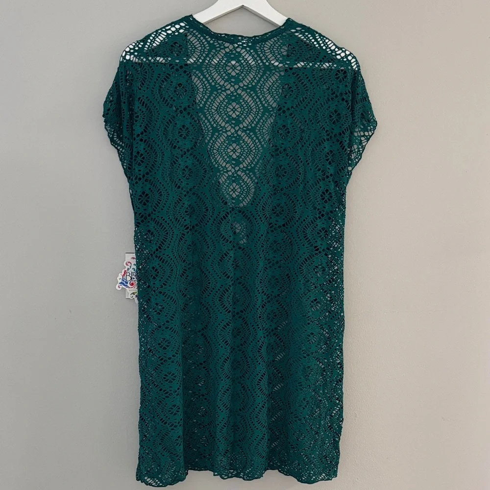Becca Virtue Women L/XL‎ Lace Crochet Olive Green Open V-Front Cardigan Cover Up